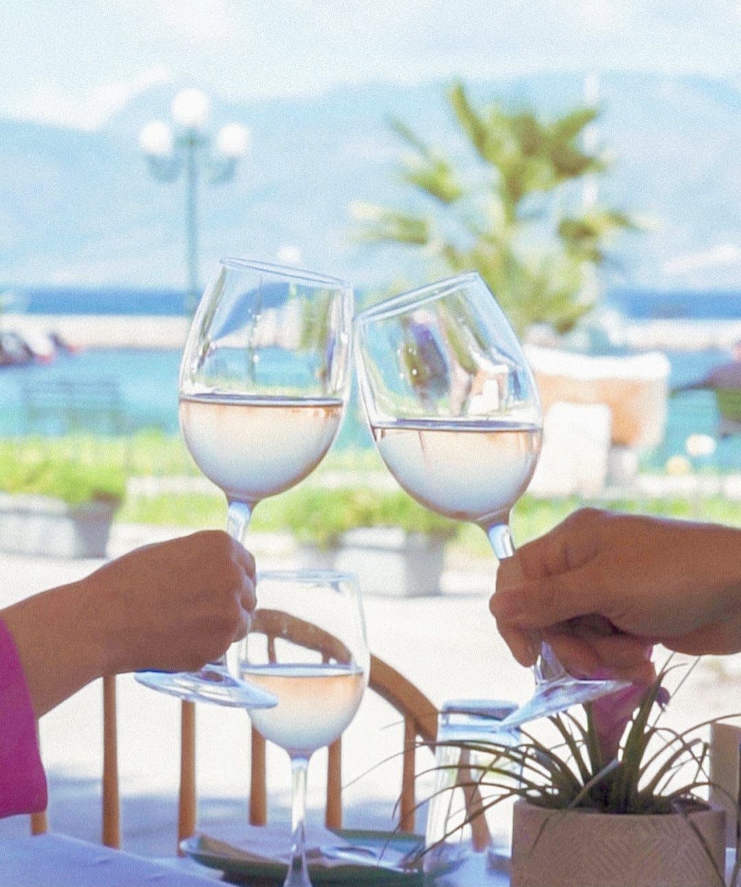Toasting wine glasses with the harbour beyond